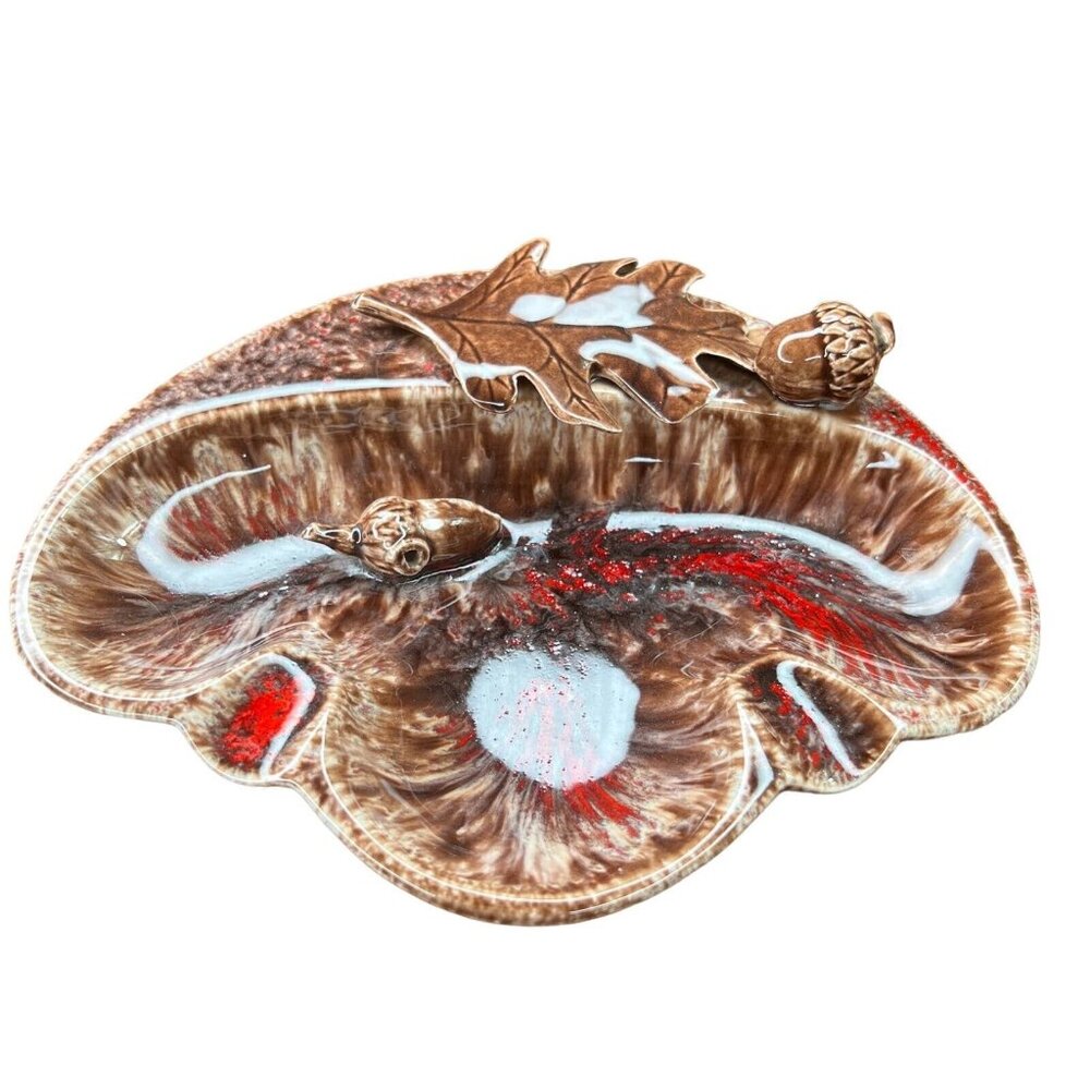 Vintage Mid Century Modern ceramic ashtray with leaf and acorns MCM brown red